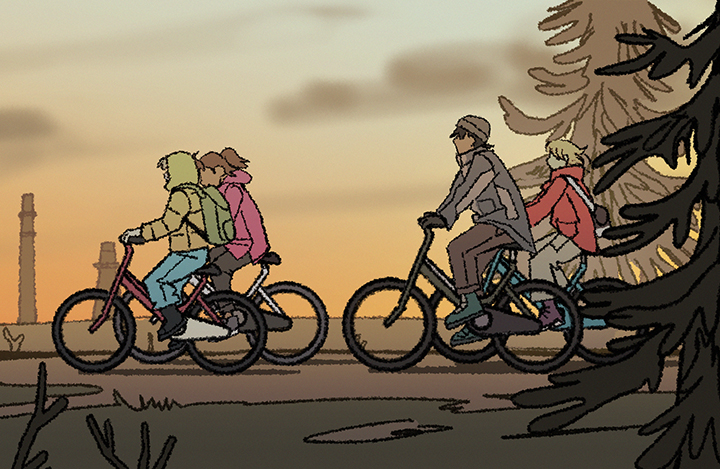 Group of teens cycling together at dusk
